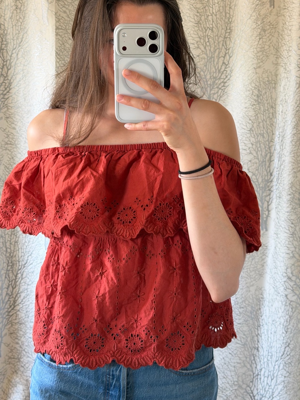Old Navy Off-Shoulder Eyelet Crop Top in Rust